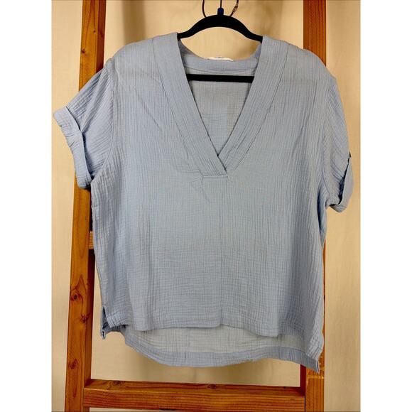 Dear John Tops - NWT Dear John Blue Short Sleeve V Neck Oversized Gauze Top #1189 Size SM